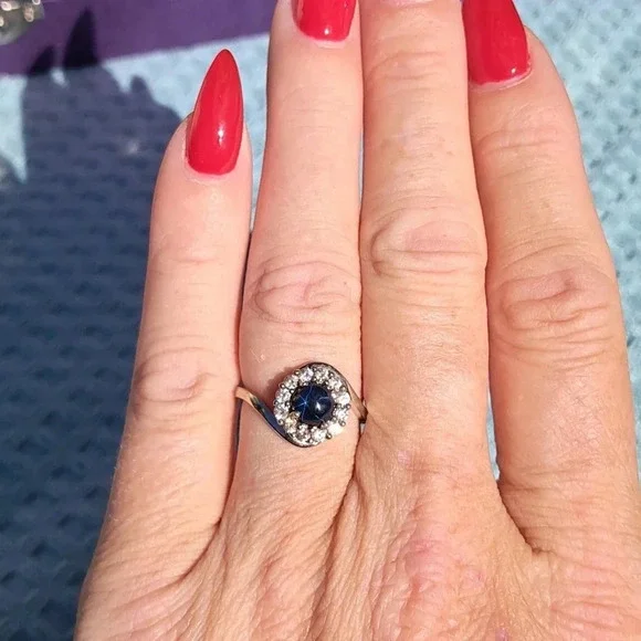 Blue Star Sapphire & White Zircon Halo Ring - Picture 5 of 7